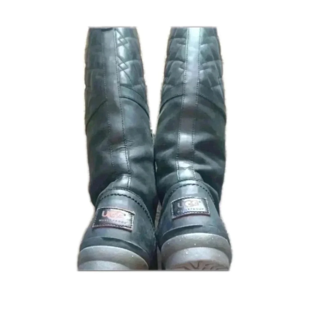 Ugg Womens Black Leather Elsa Deco Quilt Knee High Waterproof Winter Boot 8